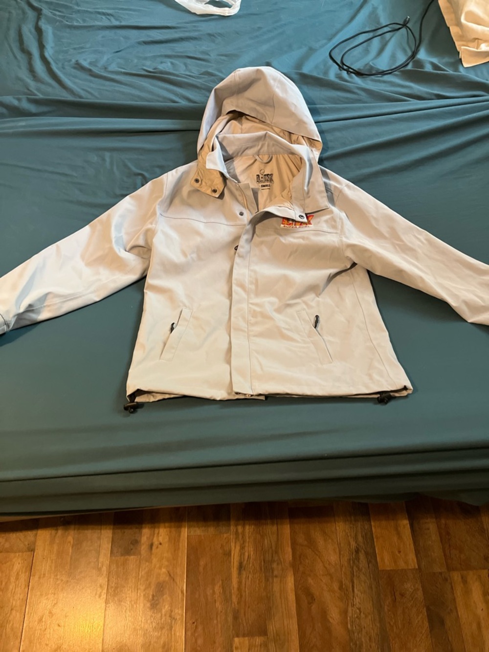 Super Bowl hooded LIX memorabilia jacket worker